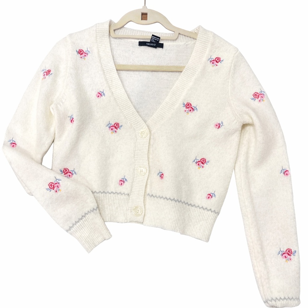Forever 21 Cream V-Neck Cardigan with Pink Rose Embroidery